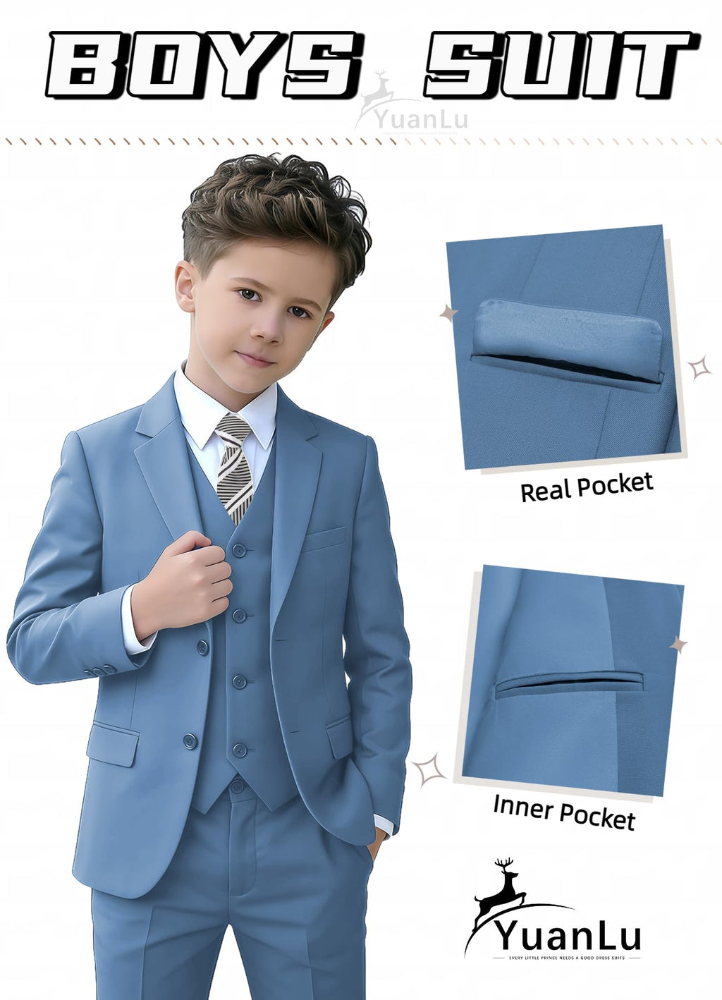 YuanLu Toddler Slim Fit 3T Suit for Boys Blue Grey Dress Outfit Kids Tuxedo