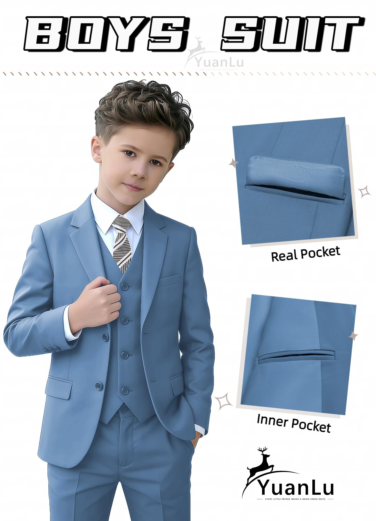 YuanLu Toddler Slim Fit 3T Suit for Boys Blue Grey Dress Outfit Kids Tuxedo