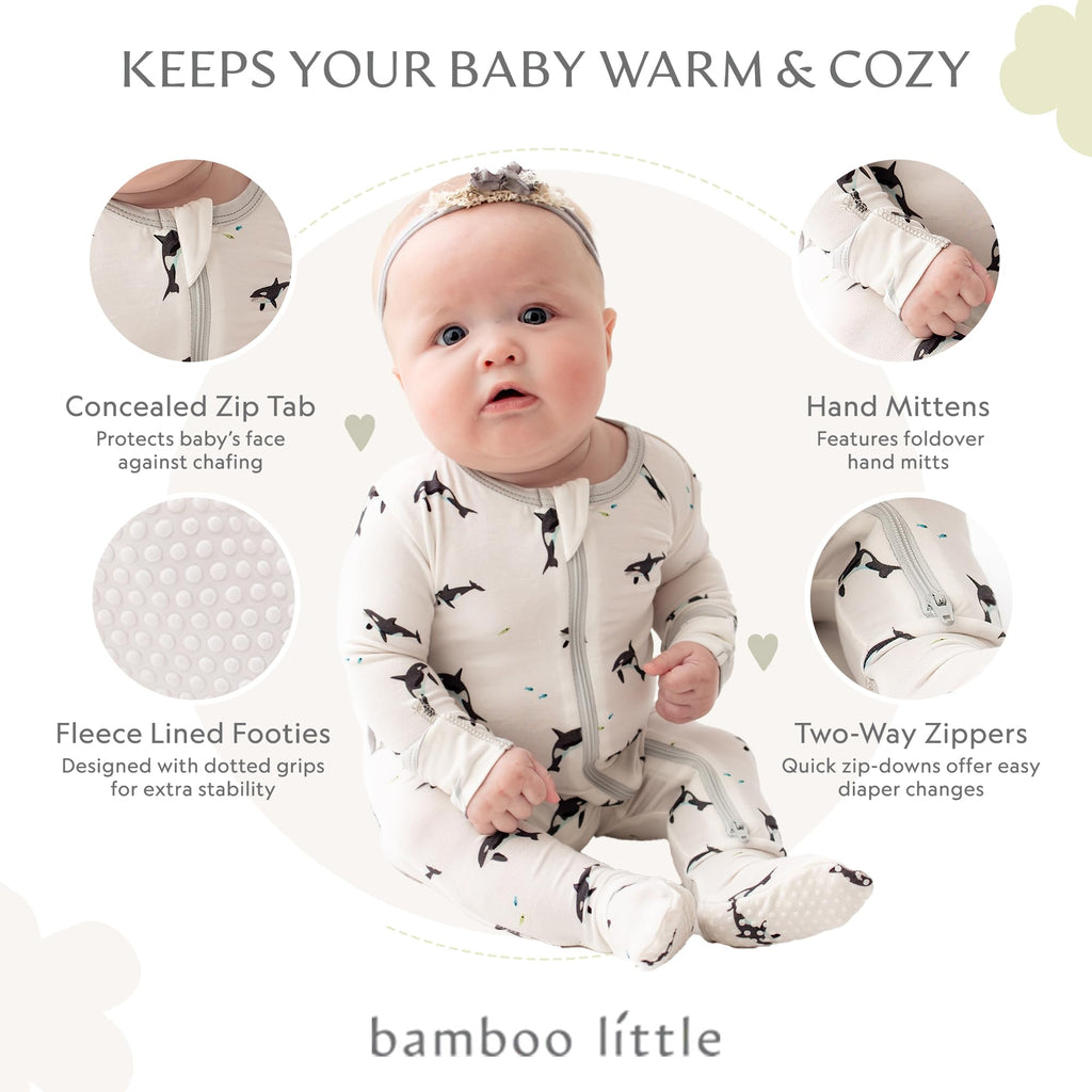Bamboo Little Soft Baby Footie Pajamas, Baby Clothes, Newborn Sleepers, 95% Viscose and 5% Spandex, Orca, 9-12 Months