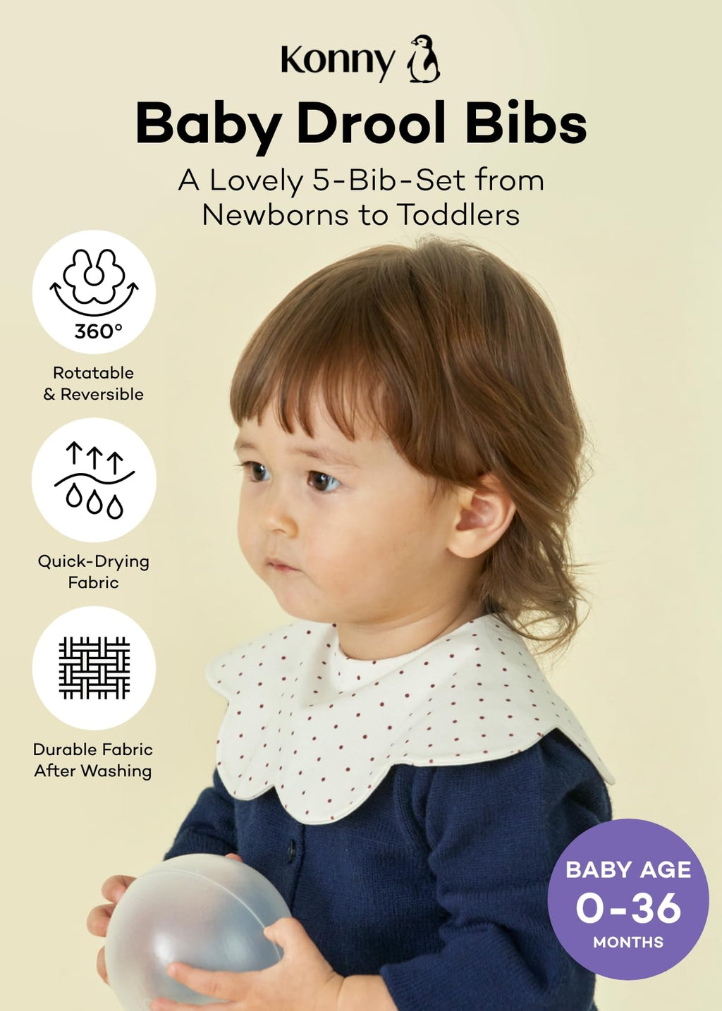 Konny Baby Bibs, 360 ° Rotate Super Absorbent Quick-Dry, 3/5/7-Pack, Teething Drooling Boys Girls Baby Essentials