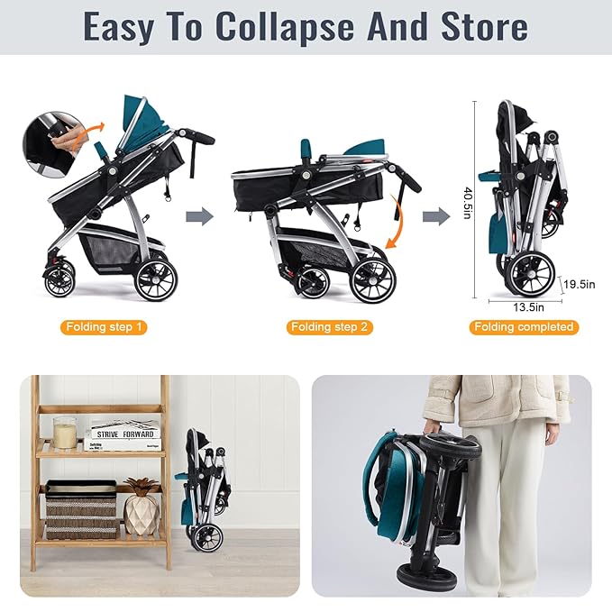 Baby Stroller, 2-in-1 Reversible Toddler Seat with Bassinet Mode, Foldable Infant Stroller with Canopy, One Button Brake, Adjustable Handle, Newborn Pushchair(Blue)