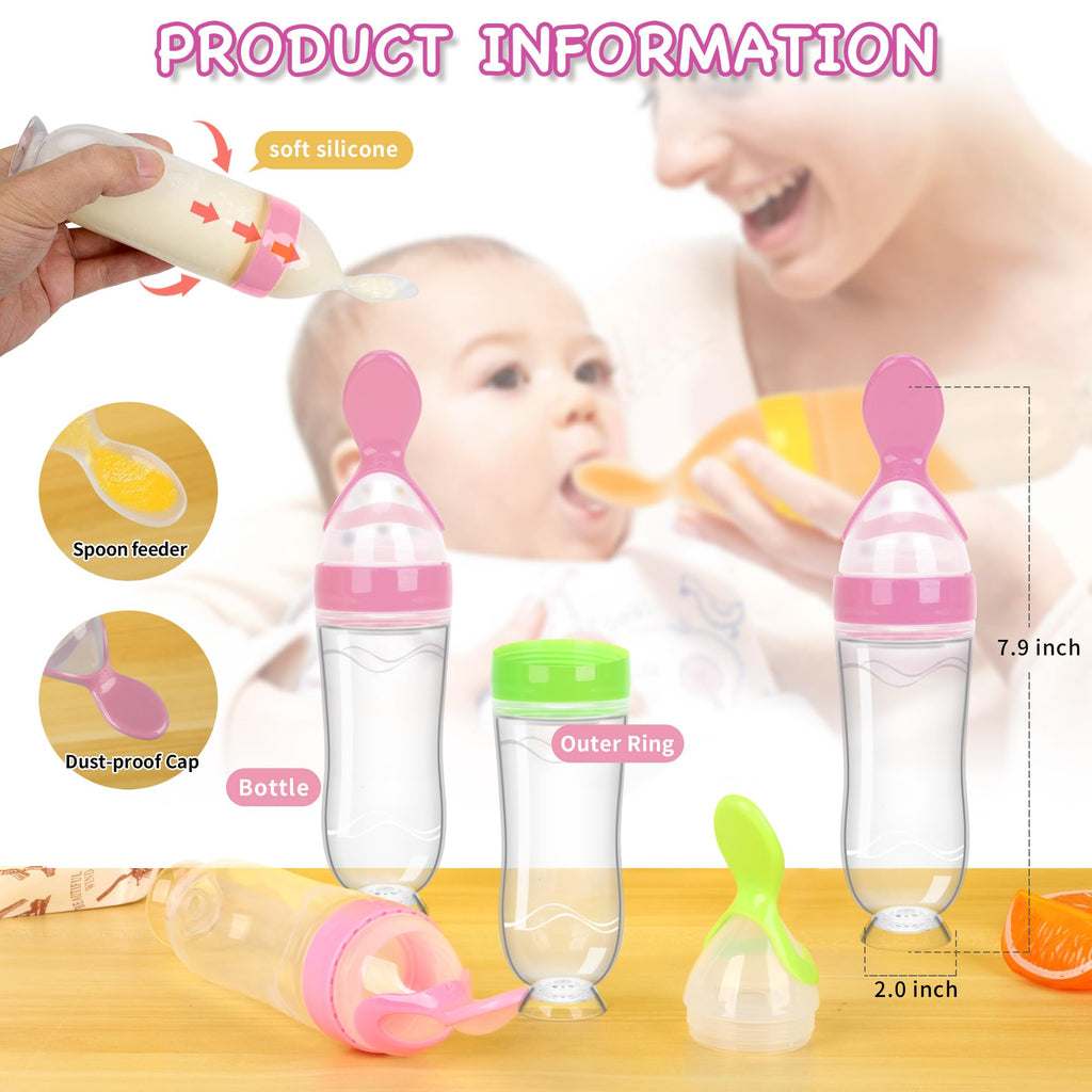 WAJIAYON Baby Food Feeder 4 Pack Silicone Baby Food Dispensing Spoon-3 oz Squeeze Feeding Spoons with Suction Cup for Boys Girl Kids Toddlers - Self Feeding Bottle Spoon-Pink