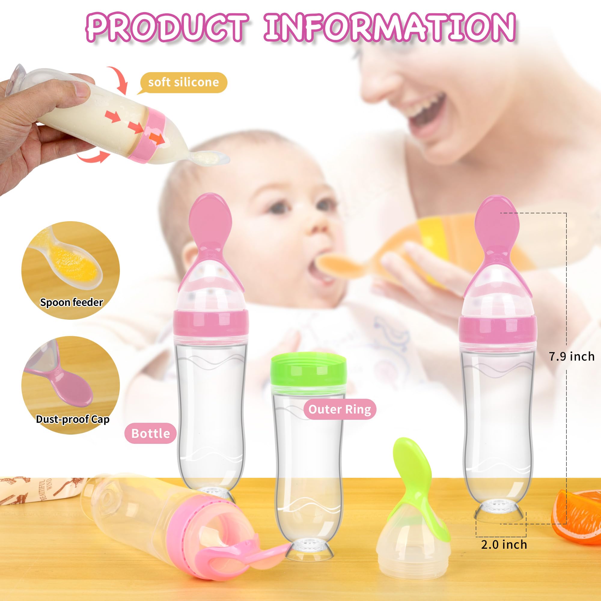 WAJIAYON Baby Food Feeder 4 Pack Silicone Baby Food Dispensing Spoon-3 oz Squeeze Feeding Spoons with Suction Cup for Boys Girl Kids Toddlers - Self Feeding Bottle Spoon-Pink
