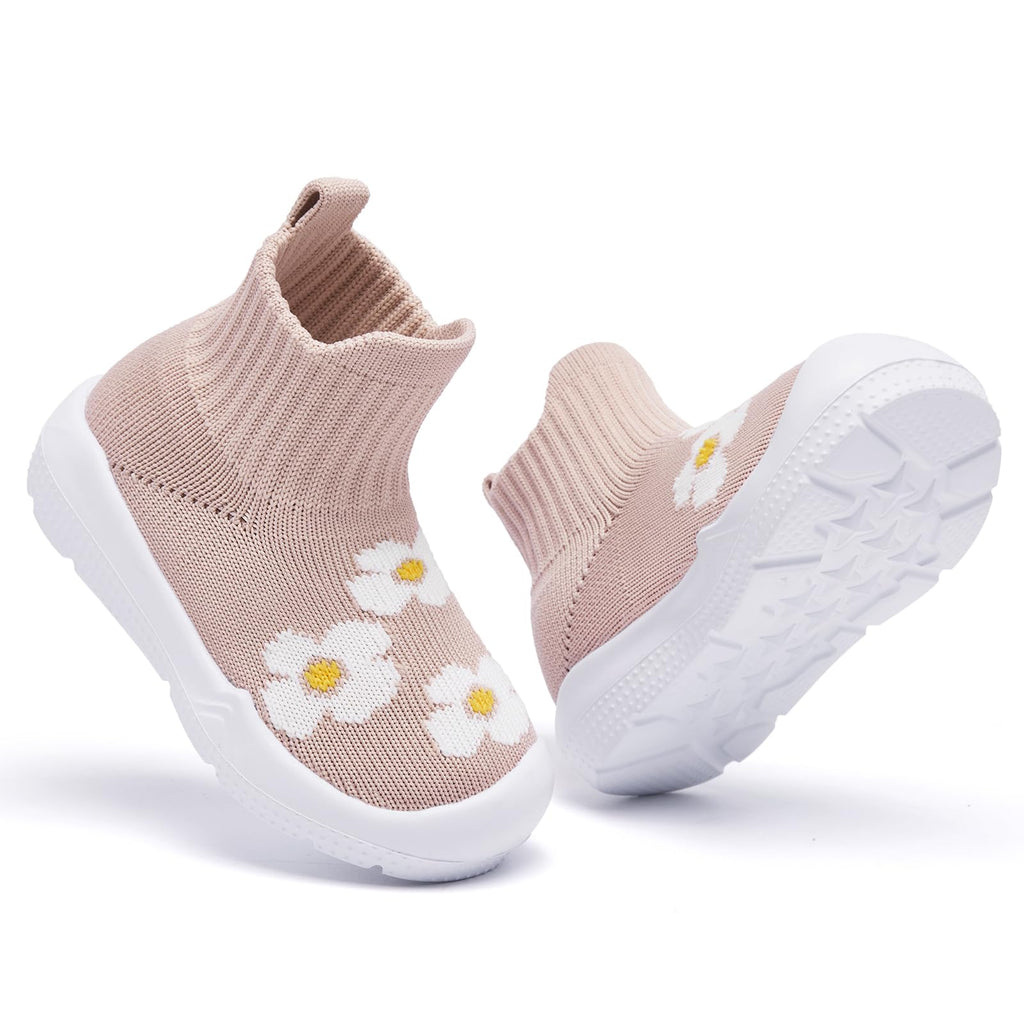 MORENDL Toddler Sock Shoes Baby Walking Shoes Infant Slippers Boys & Girls Non-Slip Sneakers Beige Flower 12-15 Months
