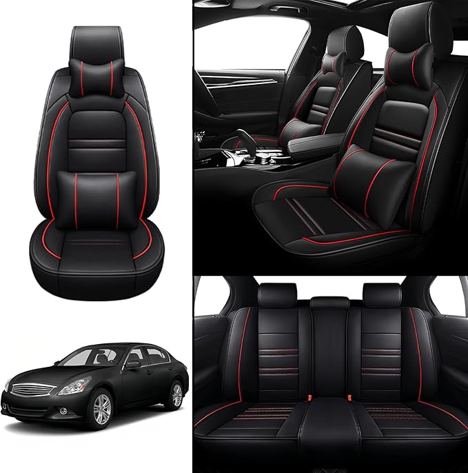 Car Seat Covers for Infiniti g37 2008-2013 | 5-Seats Seat Covers, Waterproof Seat Protectors, Automotive Seat Covers (Full Set with Pillow,Black&Red Line)