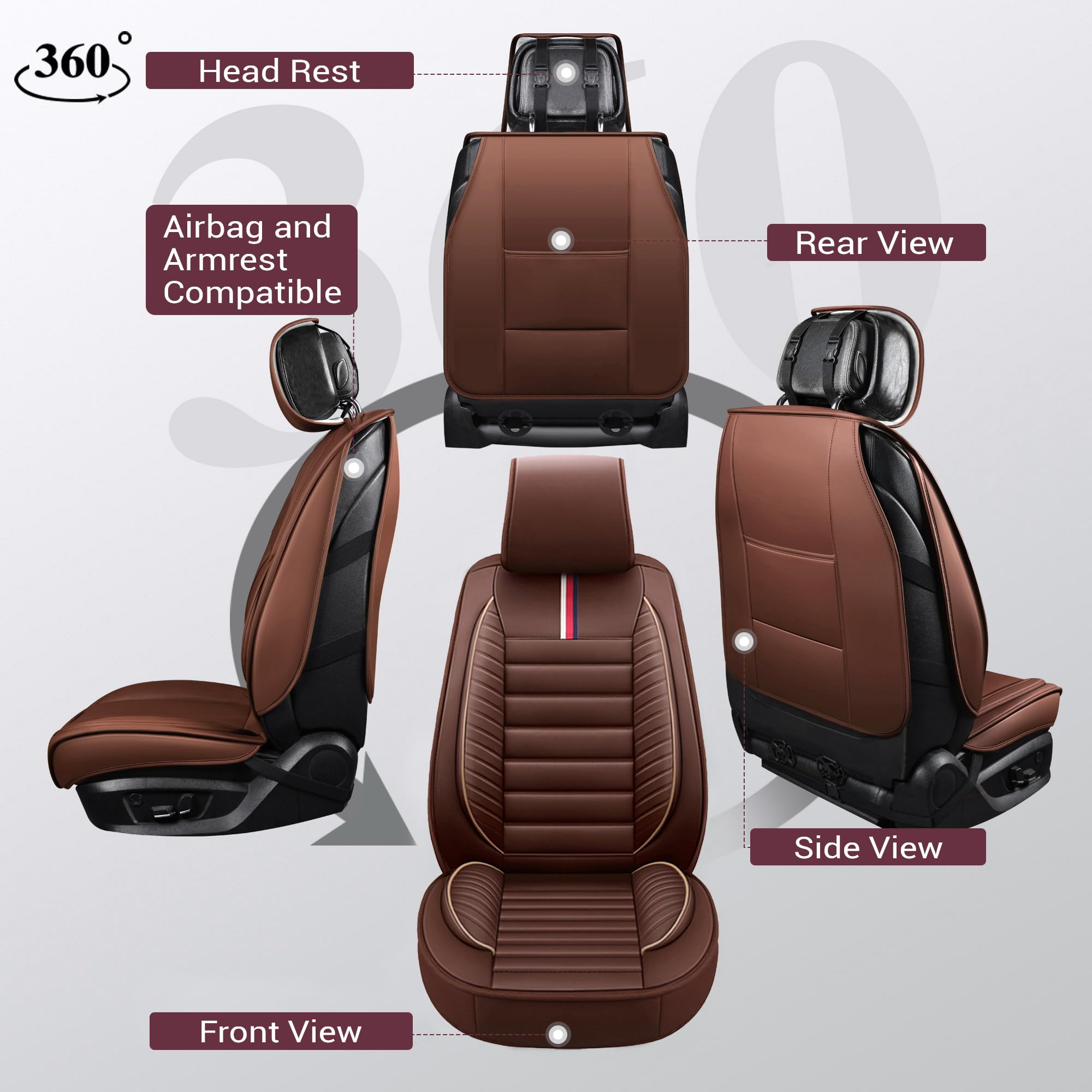 OASIS AUTO Car Seat Covers Full Set Premium Waterproof Faux Leather Cushion Universal Accessories Fit SUV Truck Sedan Automotive Vehicle Auto Interior Protector (OS-001 Brown)