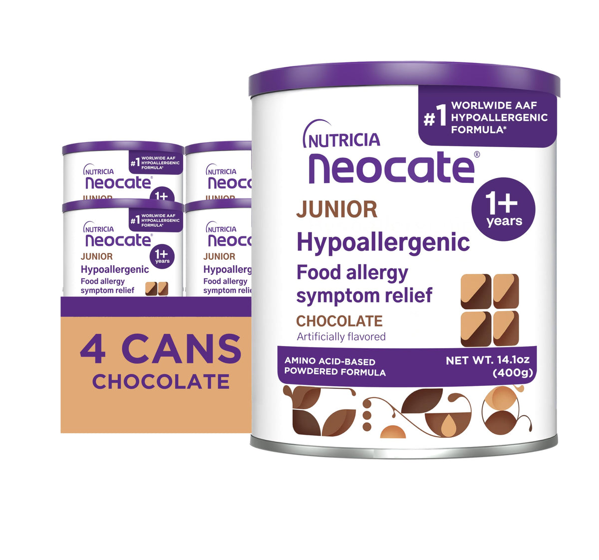 Neocate Junior - 1+ years - Hypoallergenic Toddler Formula for Food Allergy Relief - Nutritionally Complete Dairy Free Formula - Chocolate, 14.1 oz (4-Pack)