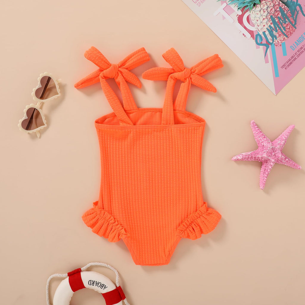 Happy Town Toddler Swimsuit Girl Solid Color Stripe One-Piece Baby Bathing Suits (Solid Bright Orange, 18-24 Months)
