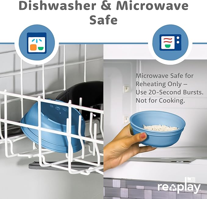 Re-Play 12 oz. Toddler Bowls Set of 4 - Kids Deep-Walled, Durable & Reusable Snack and Meal Bowls, Dishwasher & Microwave Safe, BPA-Free, Made in USA from Recycled Plastic, Cool Blues