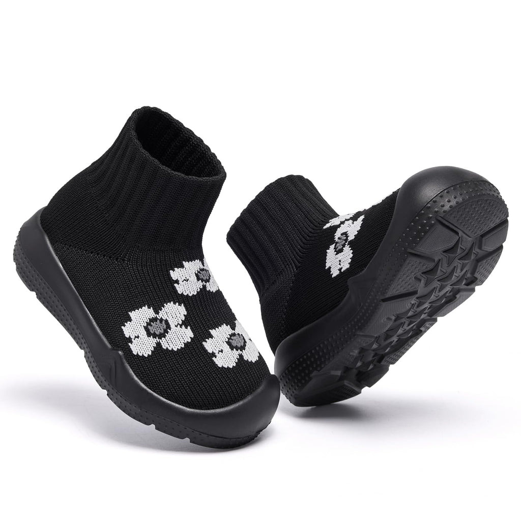 MORENDL Toddler Sock Shoes Baby Walking Shoes Infant Slippers Boys & Girls Non-Slip Sneakers Black Flower