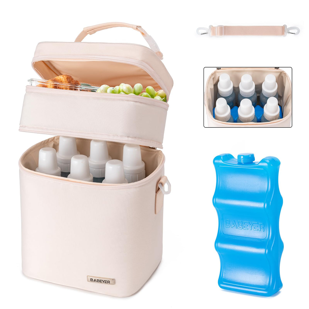 BABEYER Insulated Breastmilk Cooler Bag with Ice Pack - Holds 6x9oz Bottles, Leakproof Double Layer, Baby Bottle Cooler Bag with Adjustable Strap for Nursing Moms, Daycare & Travel