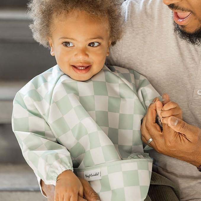 Tiny Twinkle Long Sleeve Bib for Babies & Toddlers – Waterproof Smock Bib for Eating – Machine Washable & Mess-Proof, Baby Feeding Essential & Shower Must-Have(Checkers Sage, 6–24M)