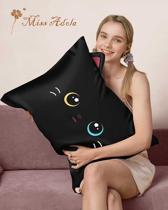 Kids Pillowcases Standard Size 20"x26" - Cute Cartoon Soft Breathable Silk Pillow Cases for Hair and Skin with Hidden Zipper for Women Fun Kawaii Design for Bedding, Black Cat