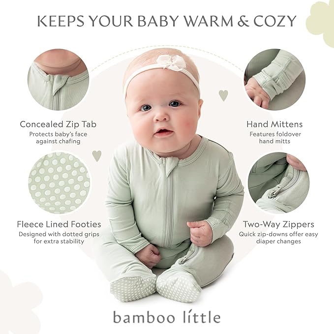 Bamboo Little Soft Baby Footie Pajamas, Baby Clothes, Newborn Sleepers, 95% Viscose and 5% Spandex, Sage, 3-6 Months