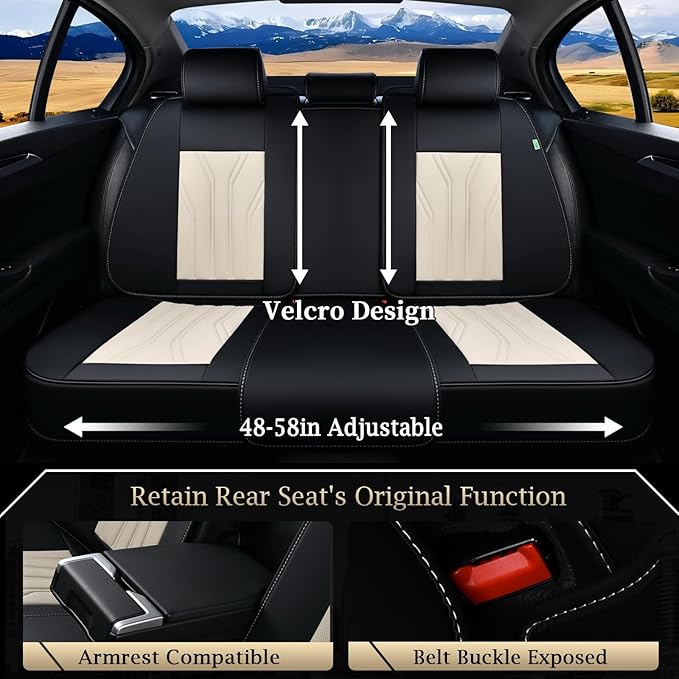 FLORICH Rear Seat Covers Leather Car Seat Covers Waterproof Back Seat Cover Automotive Seat Covers Universal Seat Cushion Protector for Most Cars Trucks SUV-Black&Beige