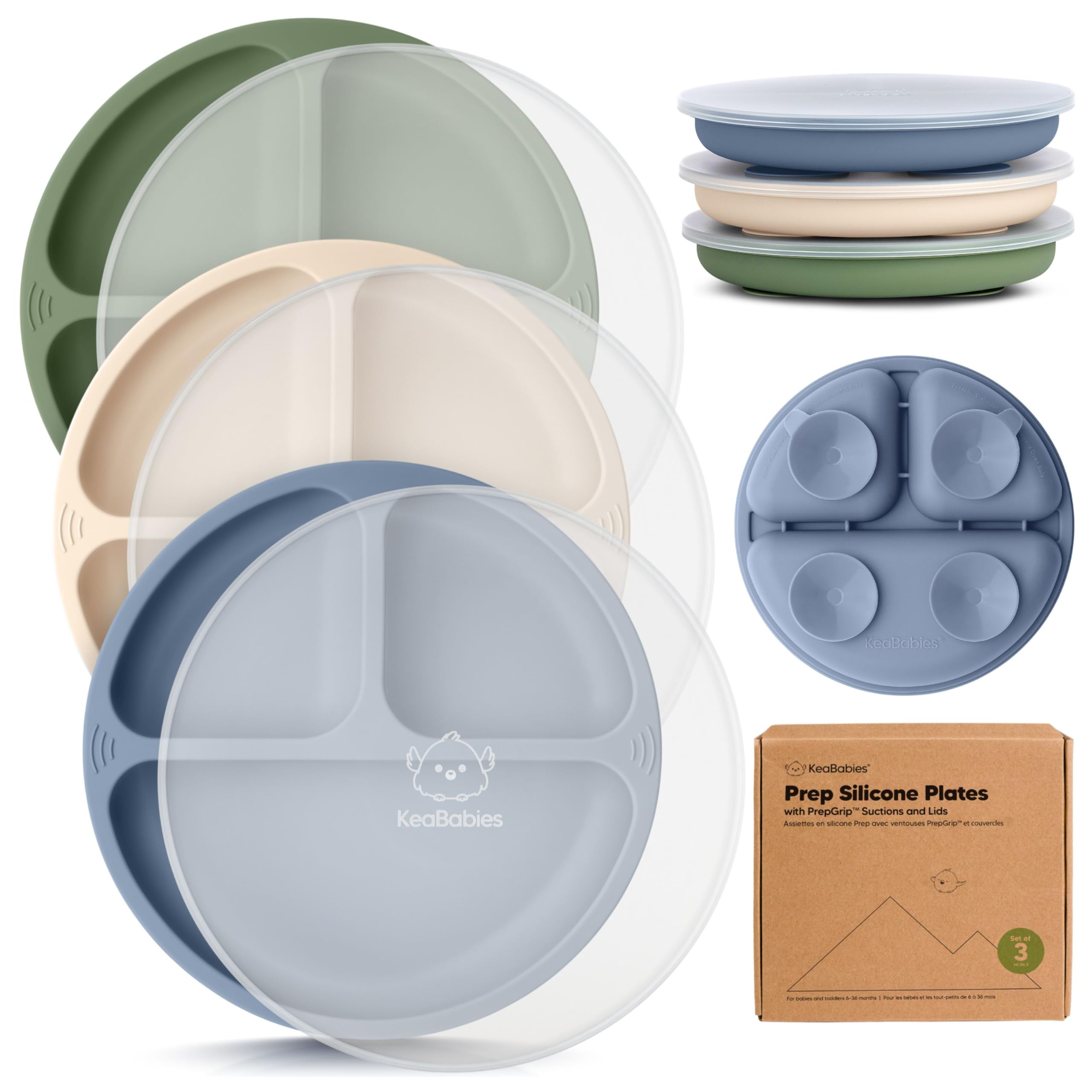KeaBabies Suction Plates with Lids for Baby, 3-Pack, 100% Silicone (Slate)
