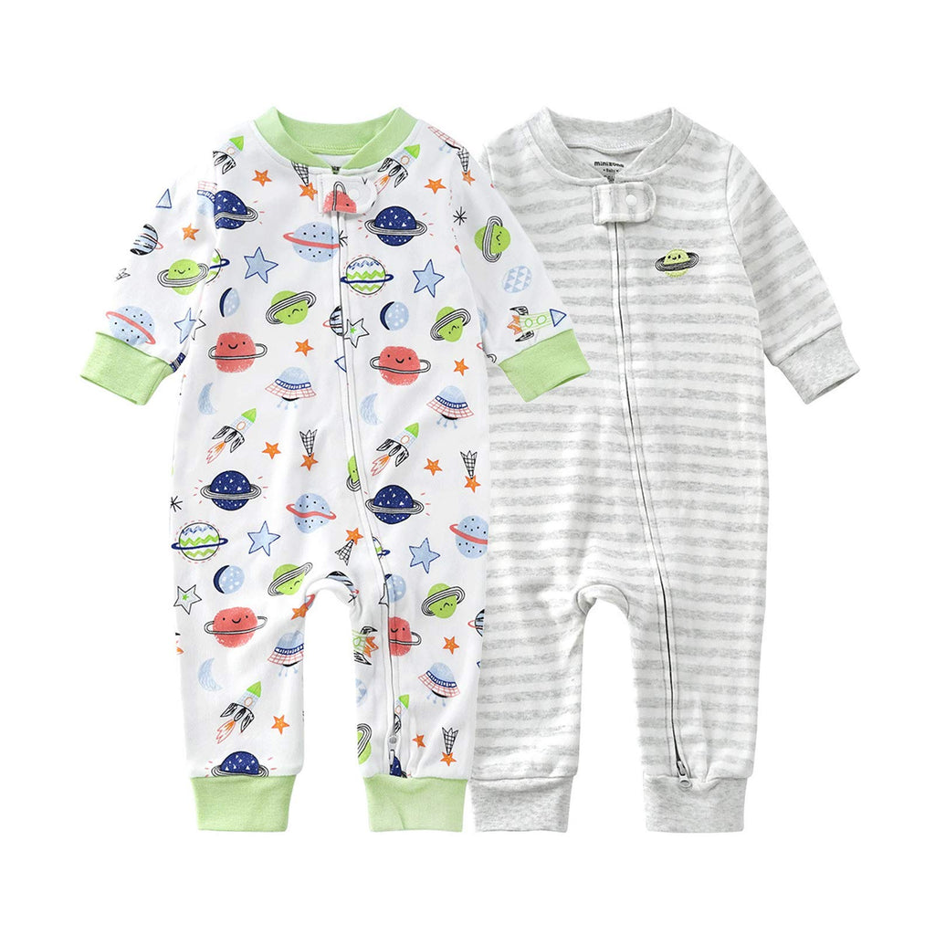Teach Leanbh Baby 2-Pack Footless Pajamas Cotton Long Sleeve Printing 2 Way Zipper Romper Jumpsuit Sleep and Play 3-24 Months (3-6 Months, Planet)
