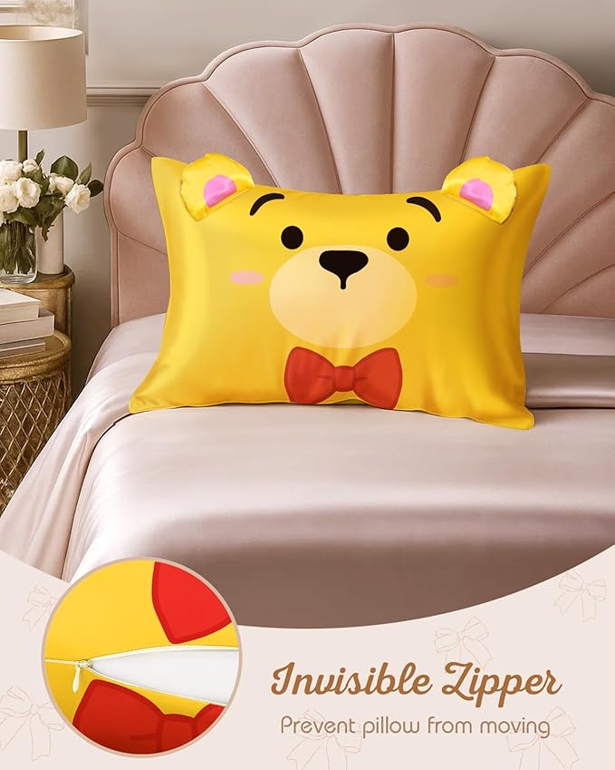 Kids Pillowcases Standard Size 20"x26" - Cute Cartoon Soft Breathable Silk Pillow Cases for Hair and Skin with Hidden Zipper for Girls Fun Kawaii Design for Bedding, Yellow Bear
