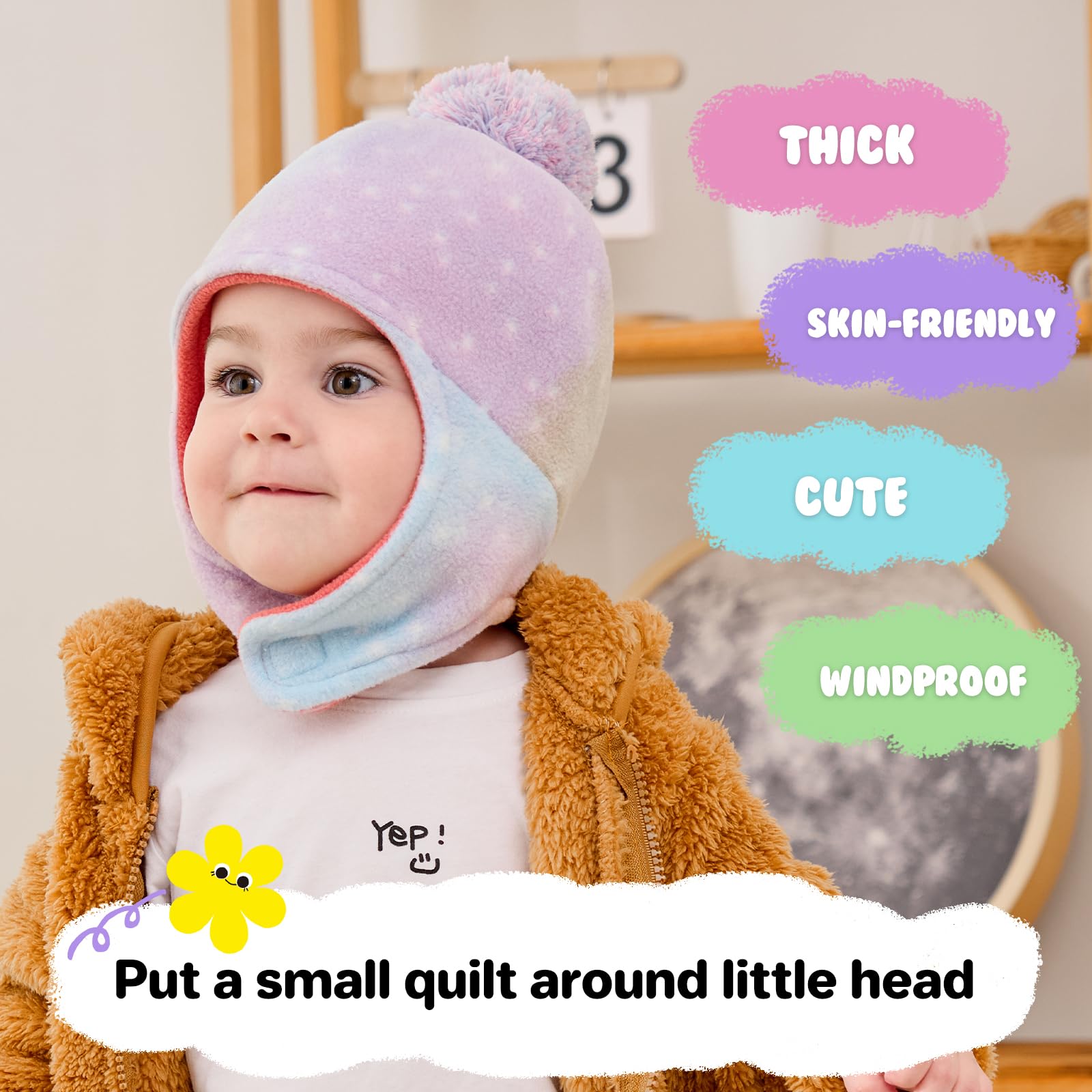 Otoyzy Baby Beanie Hat Pom Full Hood Toddler Winter Hat Fleece Earflap