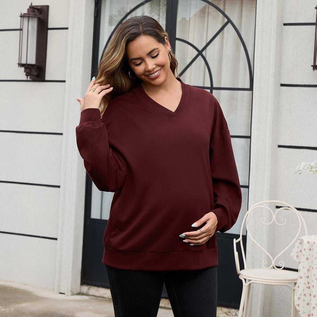 GINKANA Maternity Sweatshirts Basic Long Sleeve Shirts Soft Pregnancy Workout Tunic Pullover Top with Pockets,Burgundy,L