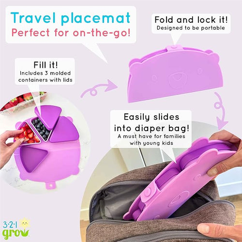 321 Grow Silicone On-The-Go Snack Mat – Foldable Reusable Placemat with 3 Compartments and Lids – Travel-Friendly Baby and Toddler Snack Plate – Dishwasher Safe (Plum)
