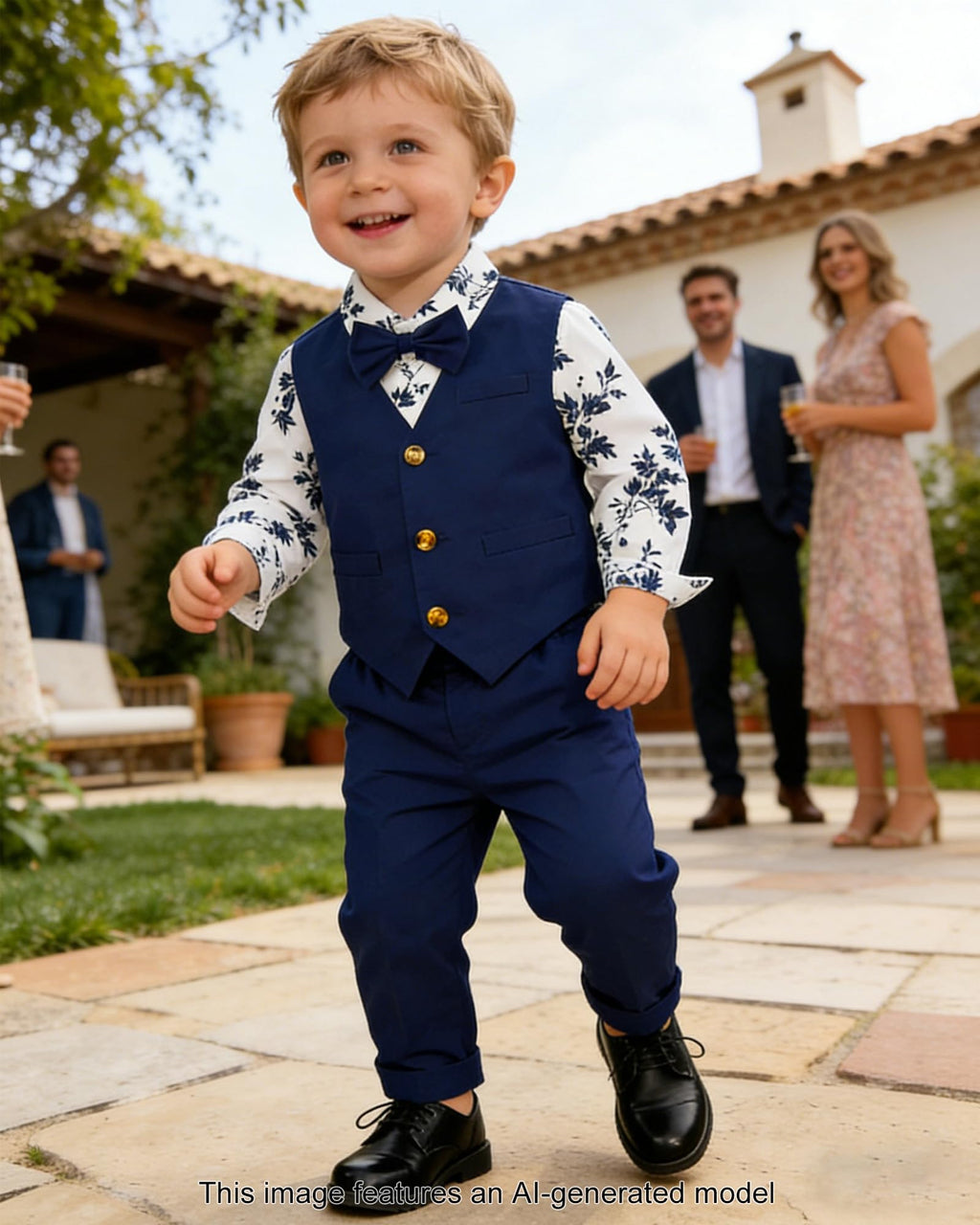SANGTREE Boys Cotton Linen Formal Suit Floral Navy 3-4T=Tag 120