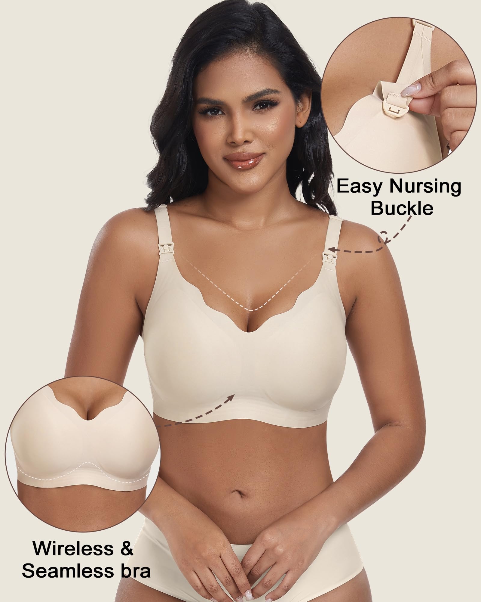 As Fairy Wireless Seamless Pumping Bra Hands Free Nursing Bra Wirefree Comfort Wearable Breast Pump Bra Regular Plus Size (Beige M Plus)