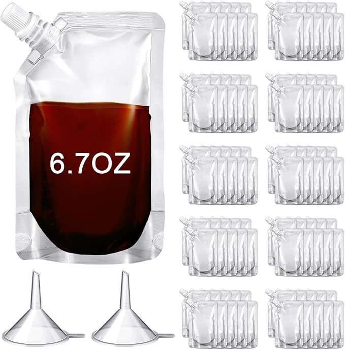 Meanplan 100 Pcs Plastic Pouches Bulk Reusable Squeeze Pouches Clear Plastic Juice Leak Proof Bags with Funnel for Party Favors Supplies(6.7 oz,Inclined Mouth)