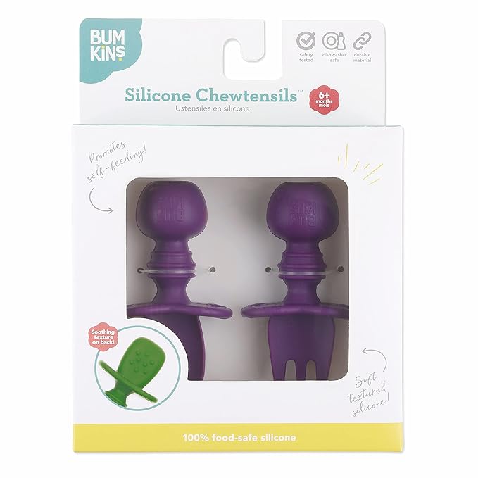 Bumkins Baby Utensils Set, Chewtensils Silicone Spoons for Dipping, Self-Feeding, Baby Led Weaning, Trainer Learning, First Stage Eating, Soft Practice Fork and Spoon, Babies 6 Months, Purple