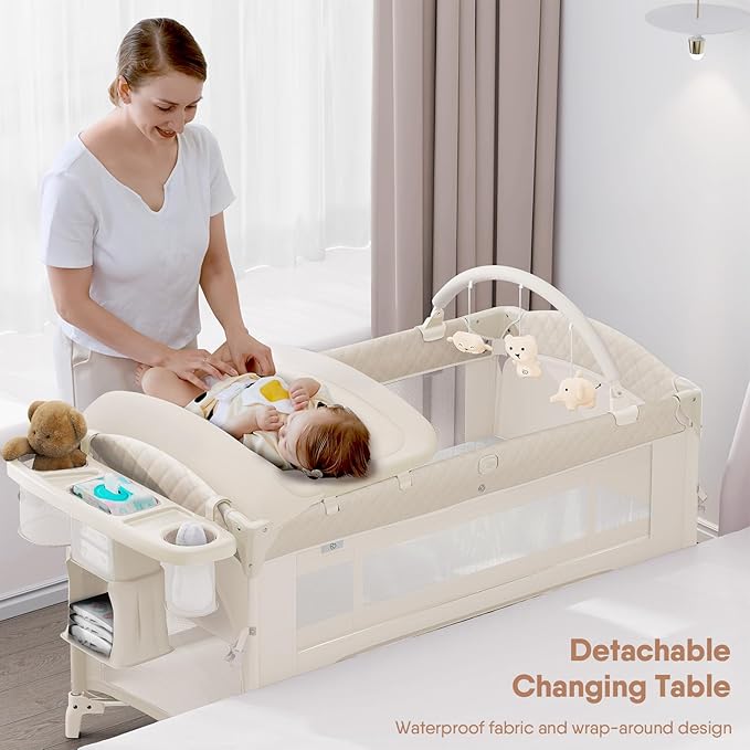4 in 1 Baby Bassinet, Pack and Play, Bedside Crib Sleeper, Diaper Changer - Comes with Mattress, Mosquito Net, Bottom Storage and Toy Bar for Newborn to Toddles
