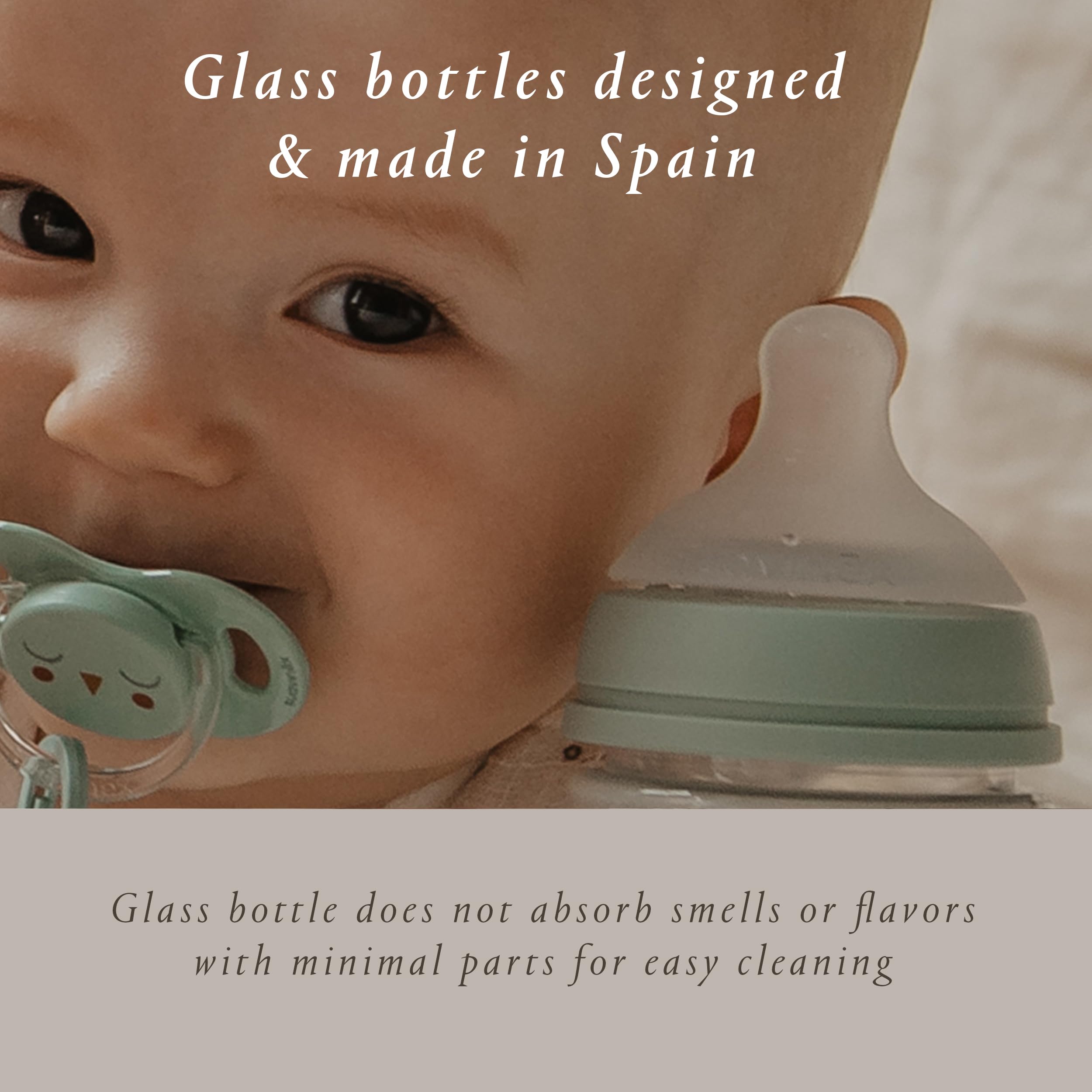 Suavinex Bonhomia Glass Baby Bottle with SX PRO Silicone Nipple, Anti Colic Baby Bottles, Baby Bottles for Breastfed Babies, Slow Flow, 0mo, 4oz, Beige