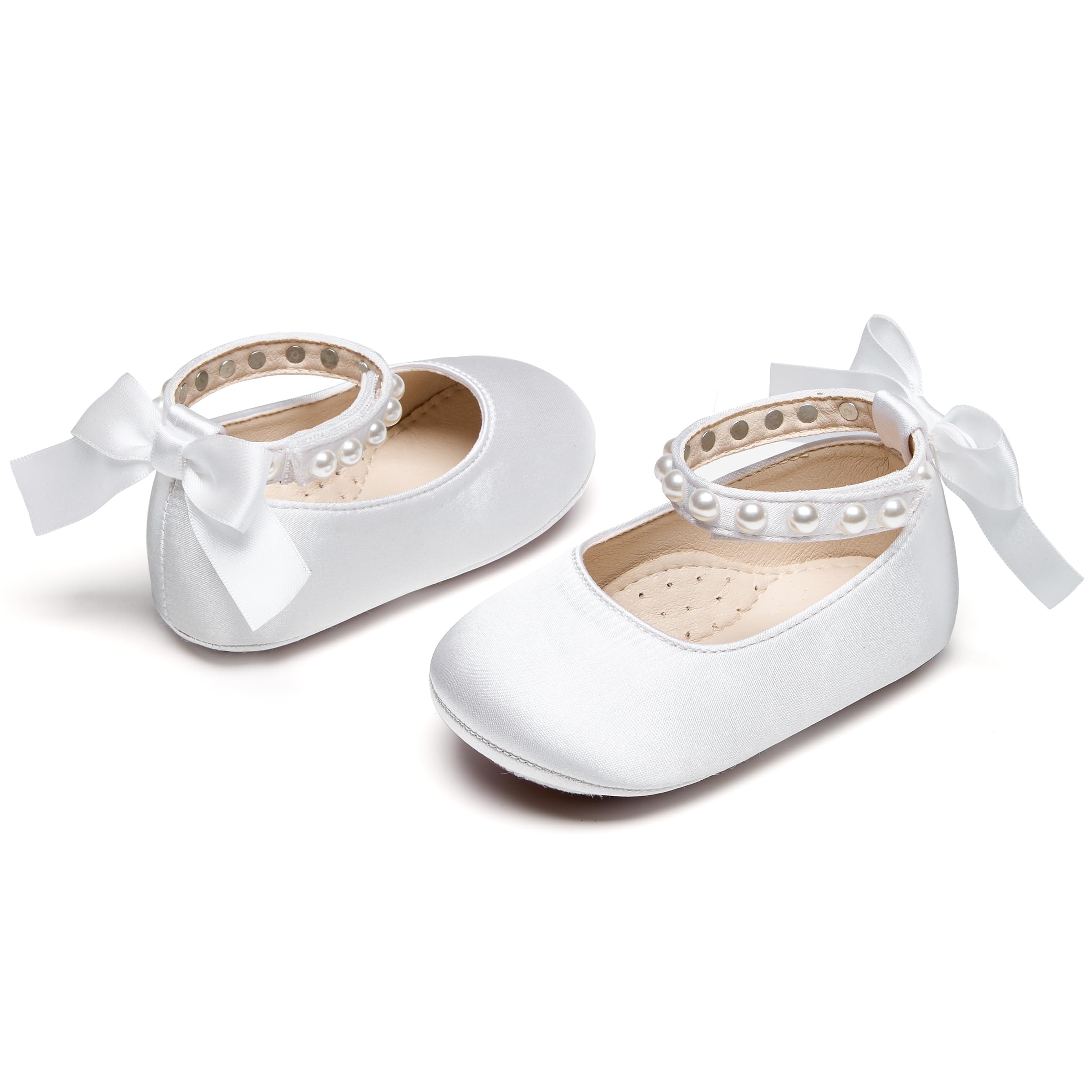 PHIRAMIN Baby Girls Satin White Mary Jane Flats - Infant 6-9 Months Walking Shoes Soft Rubber Sole Princess Wedding