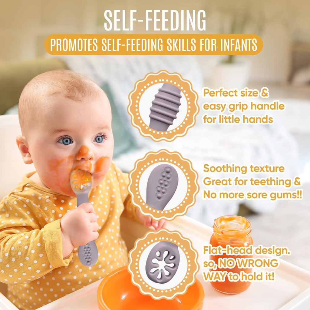 HippoBaby 4pc Silicone Baby Spoons Self Feeding Baby Utensils 6-12 Months - 3 Baby Spoon - 1 Baby Fork - Toddler Cutlery Set - BPA Free, Dishwasher Safe, Baby Eating Essentials (Light pink/Army Green)