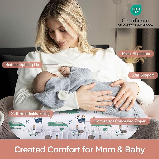 Little Grape Land Nursing Pillow for Infants, Breastfeeding Pillows, Baby Support Pillow for Nursing, Bottle Feeding, Tummy Time with Machine Washable Cover & Breathable Filling (Wild Dinosaur)
