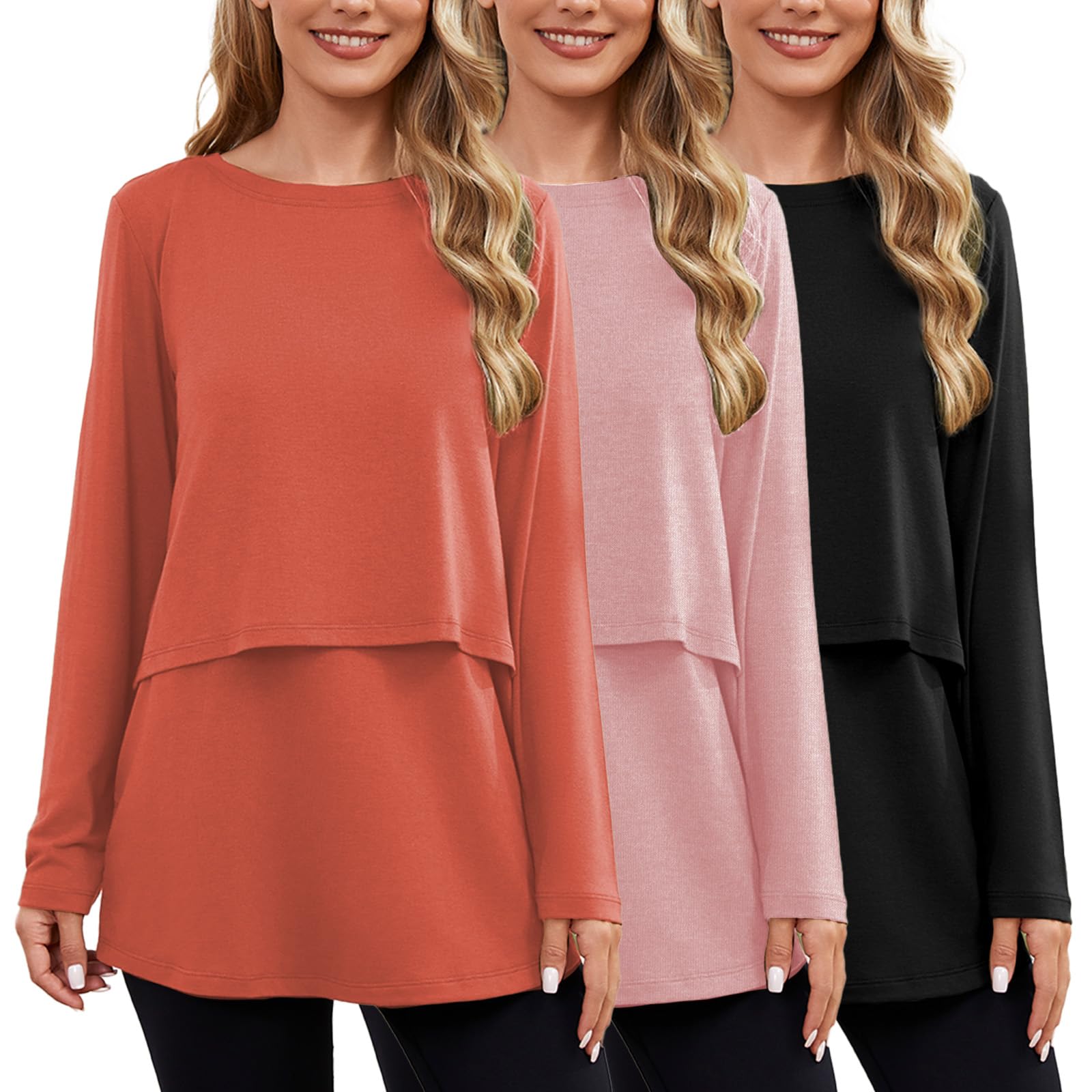 Ecavus Women's 3Pack Maternity Nursing Shirts Long Sleeve Double Layer Breastfeeding Shirts Comfy Pregnancy Clothes