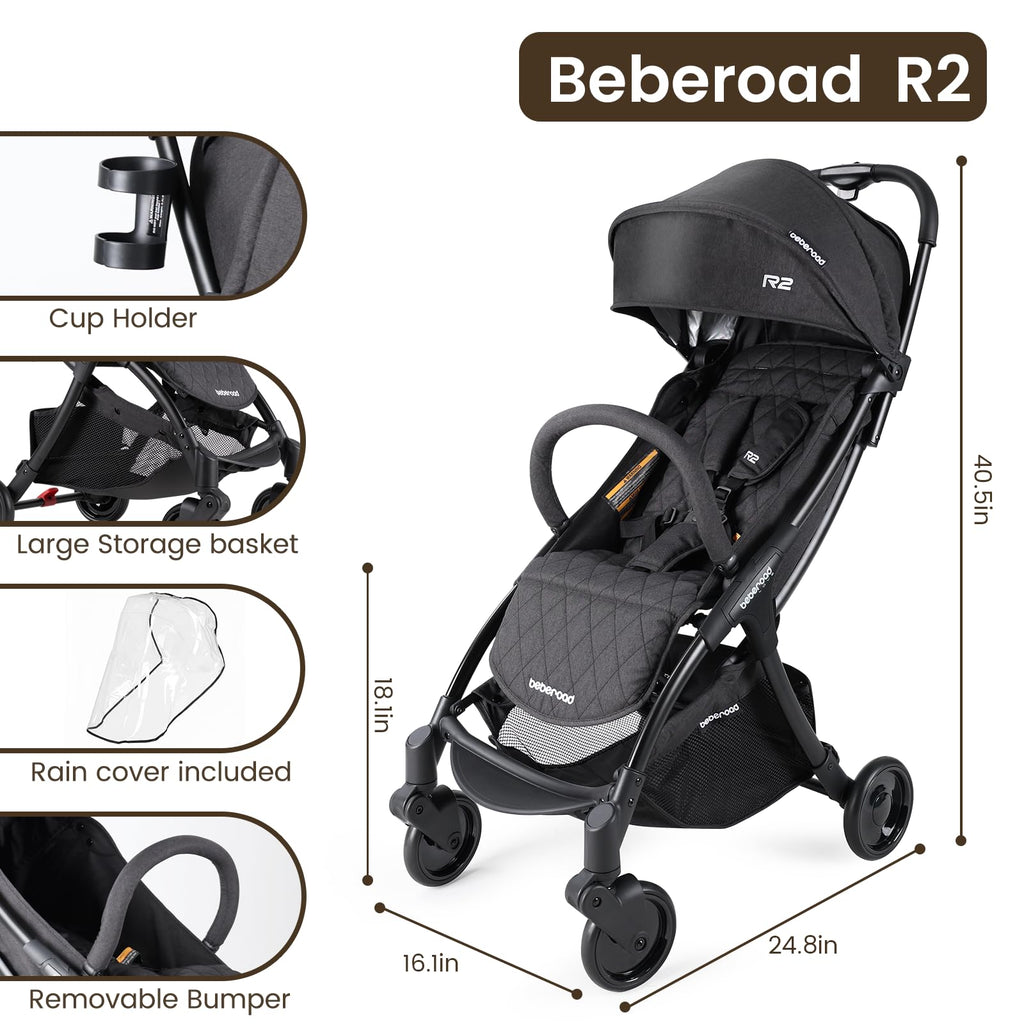 Beberoad Love R2 Travel Stroller for Airplane Small Compact Stroller Lightweight Baby Stroller, Foldable Infant Toddler Stroller with Cup Holder, Rain Cover and UPF 50+ Waterproof Canopy, Black