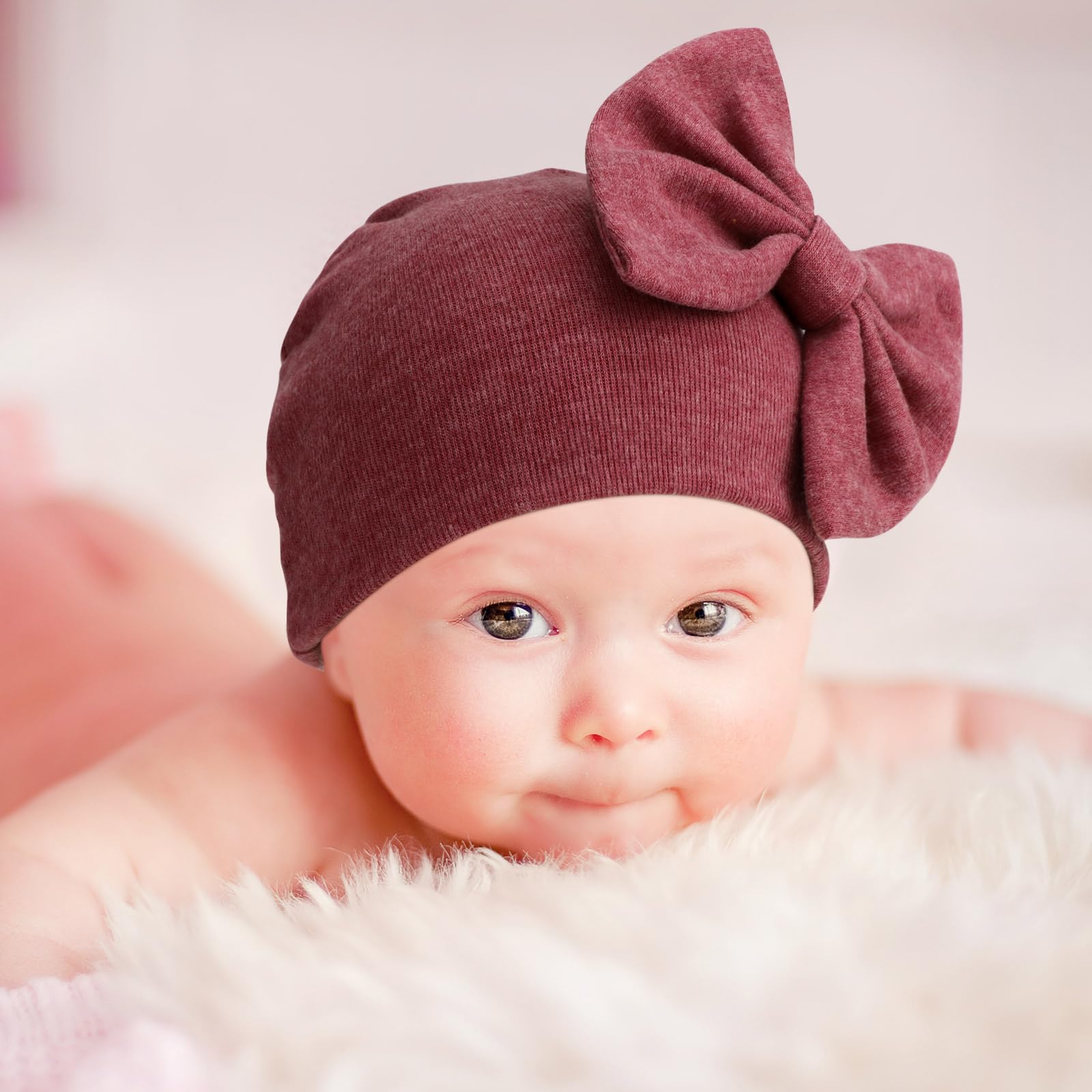 BQUBO Newborn Baby Girls Hats Mittens Set Hospital Hat Beanie Infant Bow Hats Baby Cotton Gloves No Scratch Mittens for 0-6 Months