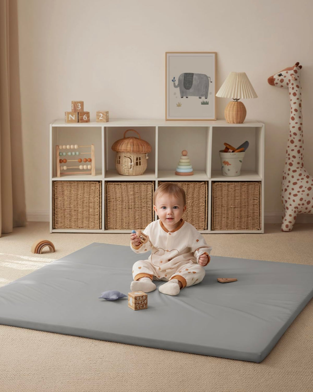 Blissful Diary Vegan Leather Baby Play Mat, 50''x50'', Light Gray