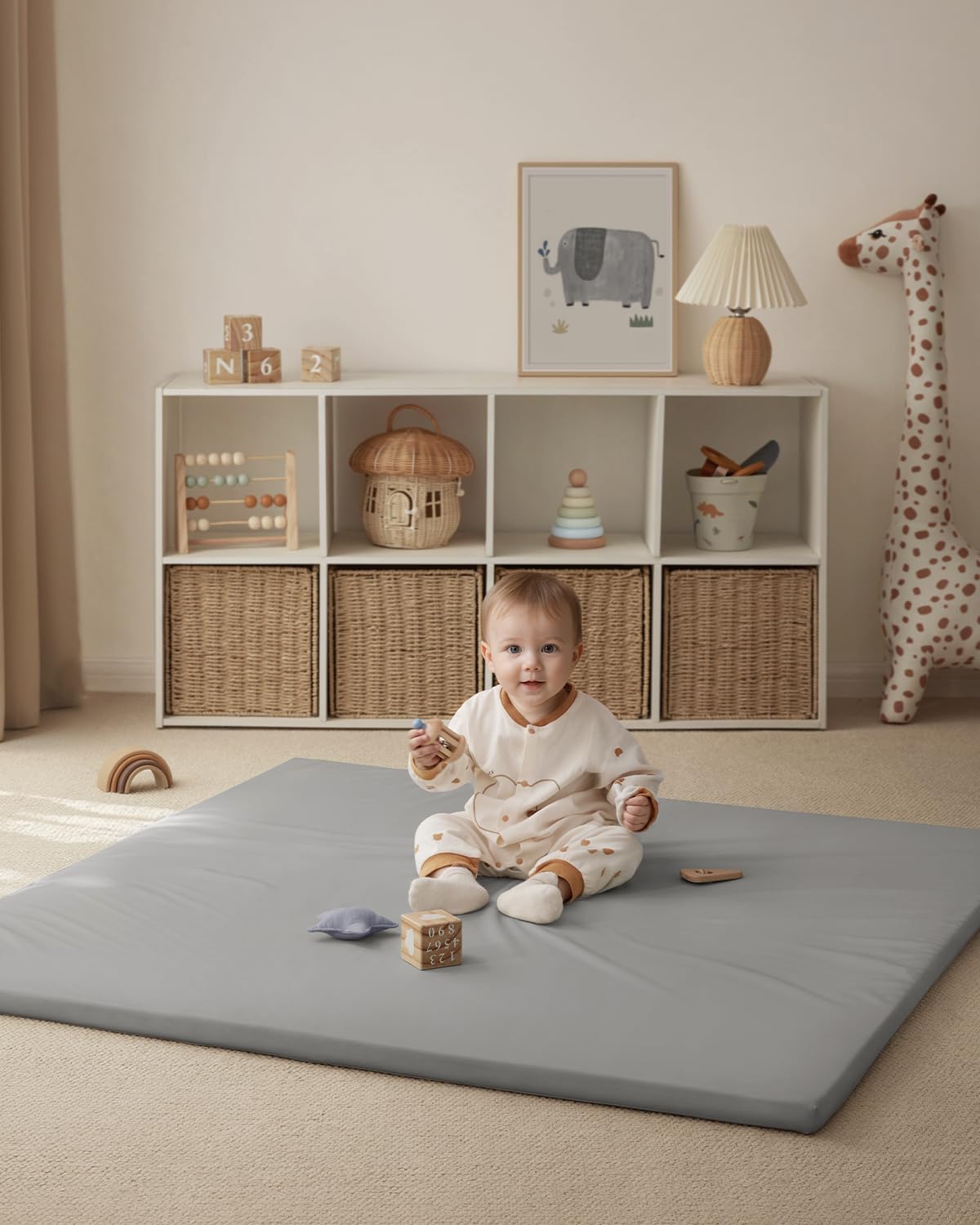 Blissful Diary Vegan Leather Baby Play Mat, 50''x50'', Light Gray