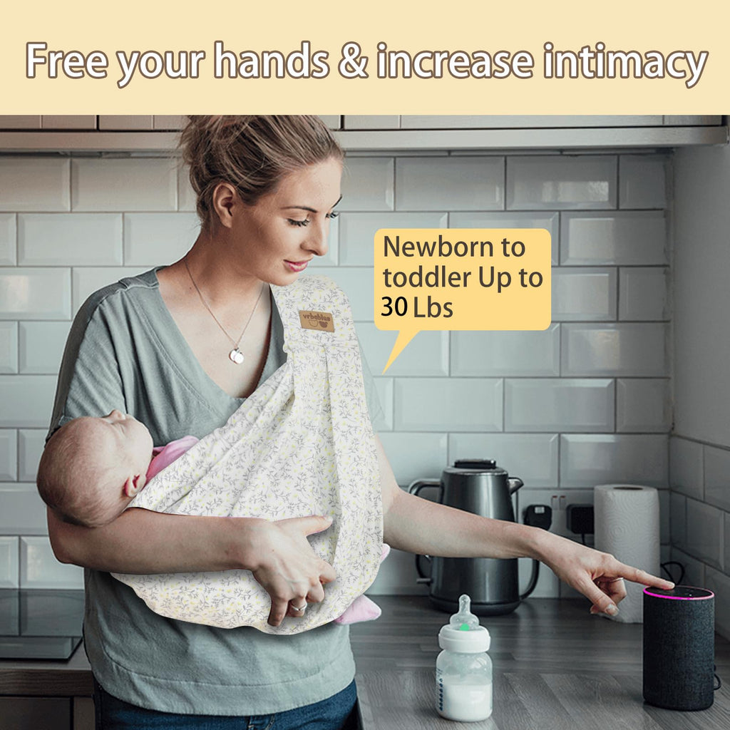 vrbabies Baby Sling Carrier Newborn, Adjustable Easy Wearing Baby Nursing Warp Sling, New Mom Dad Soft Cotton Baby Front Holder Carrier for Infant Toddler Life Travel Essential Gifts (Yellow Flower)