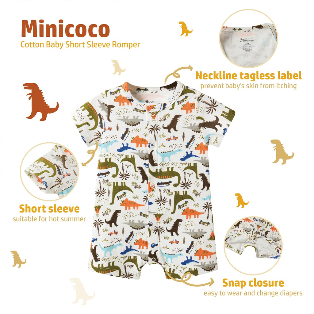 Minicoco 3-Pack 100% Cotton Baby Boy Rompers,0-24Months Short Sleeve Toddler Romper,Breathable Spring/Summer Clothes