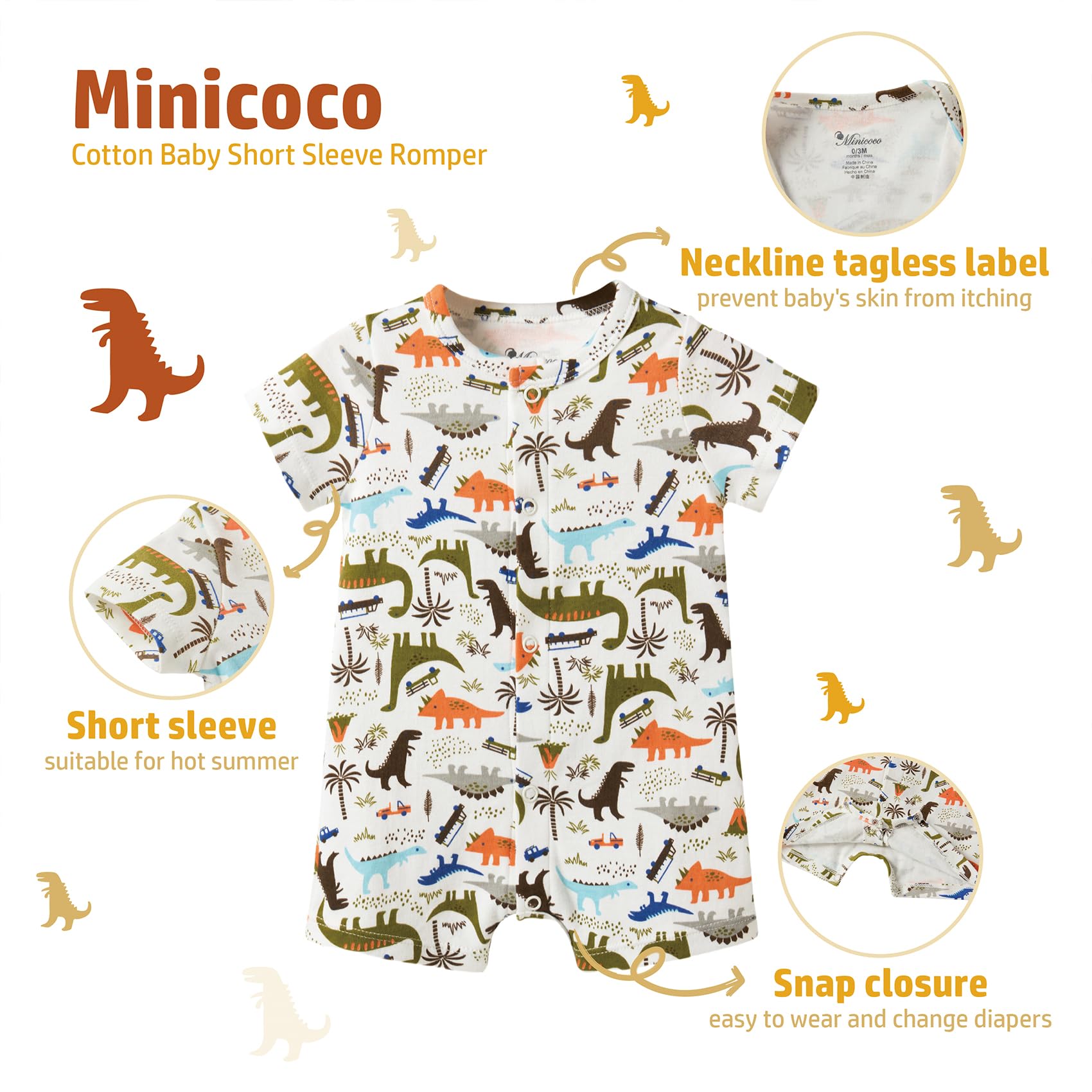 Minicoco 3-Pack 100% Cotton Baby Boy Rompers,0-24Months Short Sleeve Toddler Romper,Breathable Spring/Summer Clothes