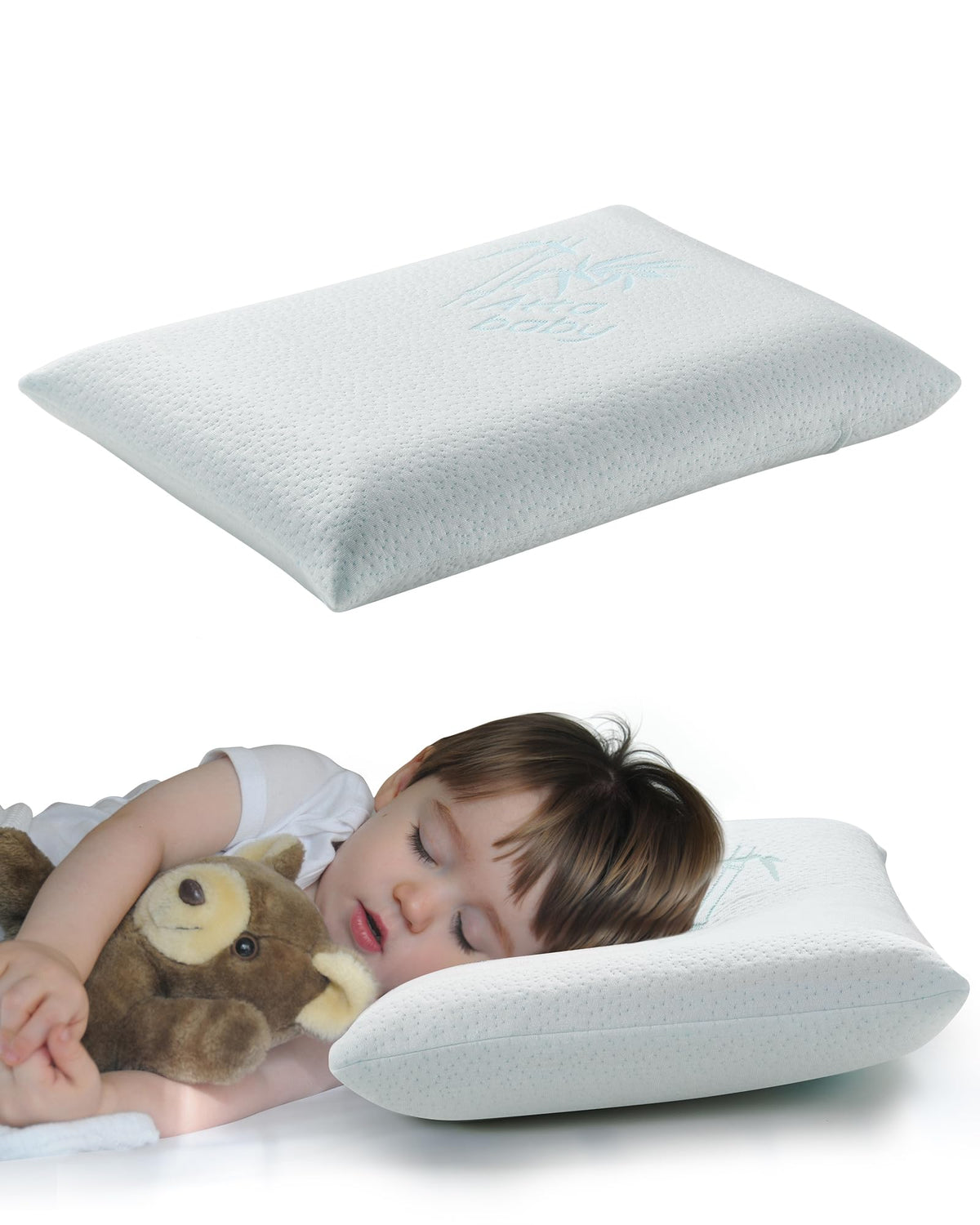 ATTABABY Toddler Pillow, Adjustable Memory Foam Small/Mini Pillow for Toddler 2 Years & Above, for Kids Sleeping, Napping or Traveling, Washable No Zipper Pillowcase, 13” x 18”, Blue