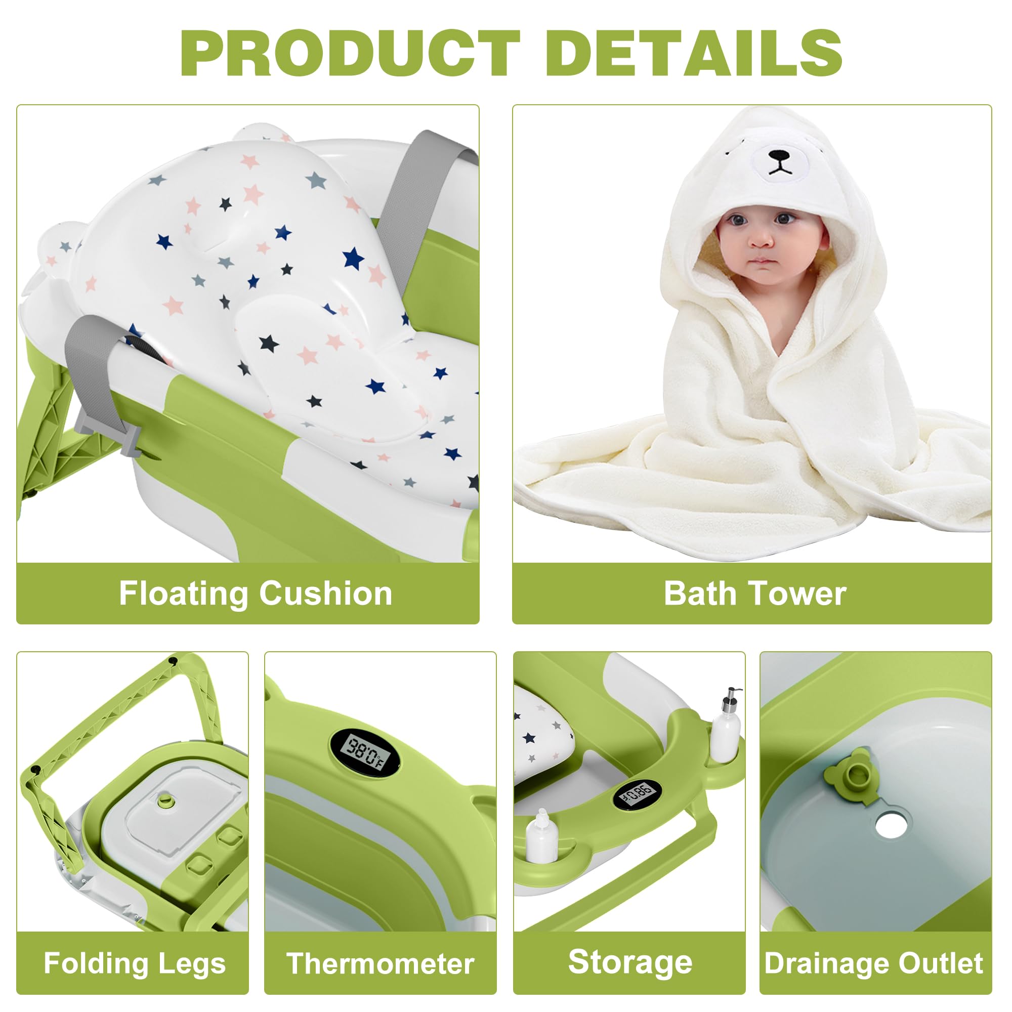 MoreFeel Collapsible Baby Bathtub for Newborn with Thermometer,Portable Travel Bathtub with Drain Hole, Durable Foldable Baby Tubs for Infants to Toddler