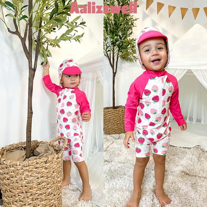 Aalizzwell 12-18 Months Baby Girls One Piece Long Sleeve Swimsuit Strawberry Bathing Suit Fruit Swimwear Beach Wear