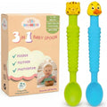 Little Grubbers 3-in-1 Silicone Baby Spoon Self Feeding 6+ Months - Pediatric OT Designed Teether Spoon, BPA Free Toddler Utensils, Mess-Free, Fun for Baby Led Weaning Supplies, Duck & Tiger