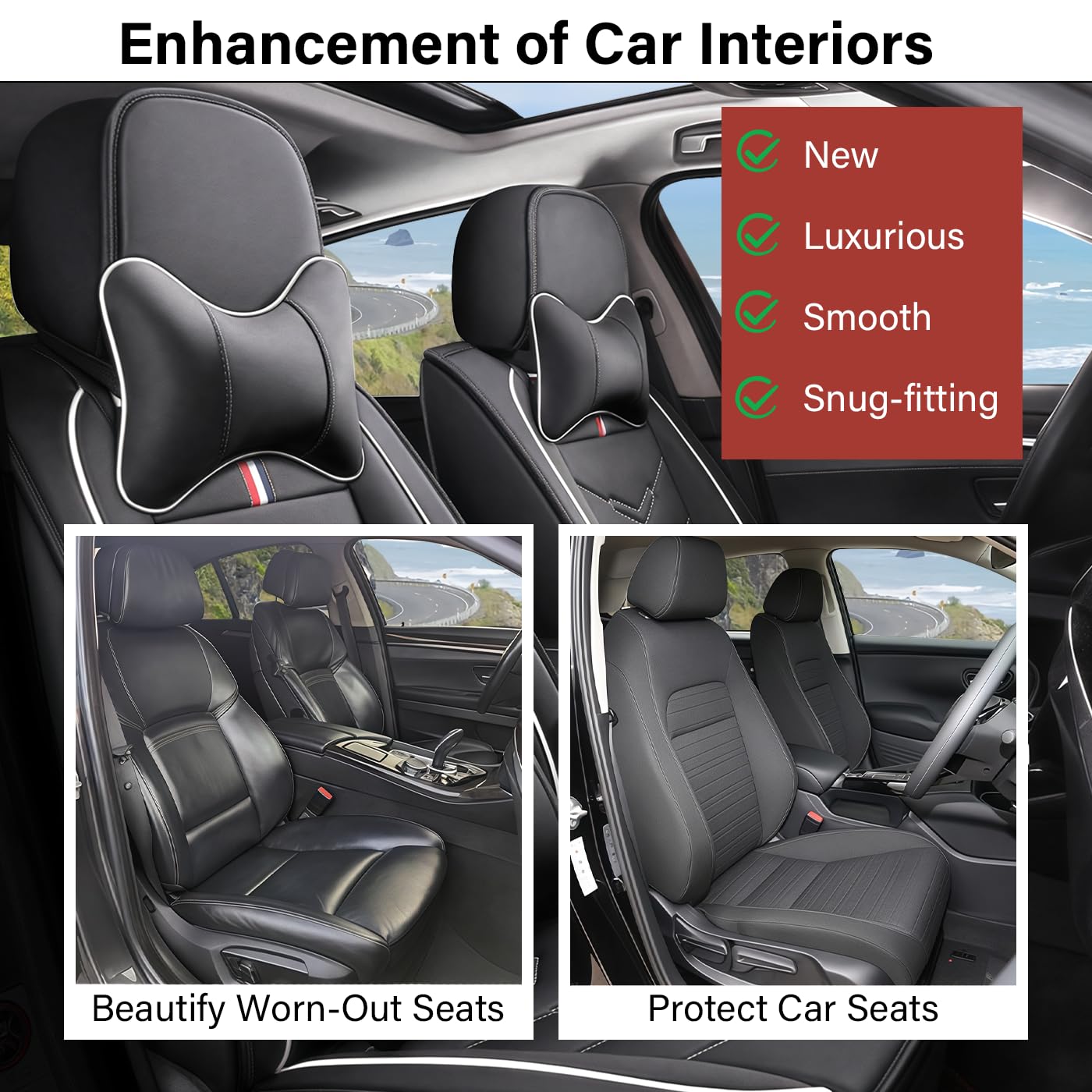 TENDER GLOW Leather Car Seat Covers Fit for LR Range Rover 2022-2025, 5 Seater Waterproof and Wear-Resistant Seat Cover Interior Accessories(Full Set with Pillow,Black&White)