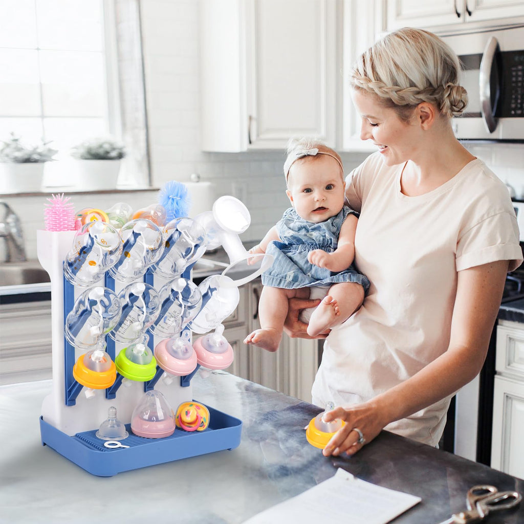 Baby Bottle Drying Rack with Drain Board, Vertical Space Saving Bottle Dryer Holder for Countertop, Large Capacity Organizer Stand for Glass Bottles, Pump Parts, Pacifiers, Cups & Accessories (Blue)