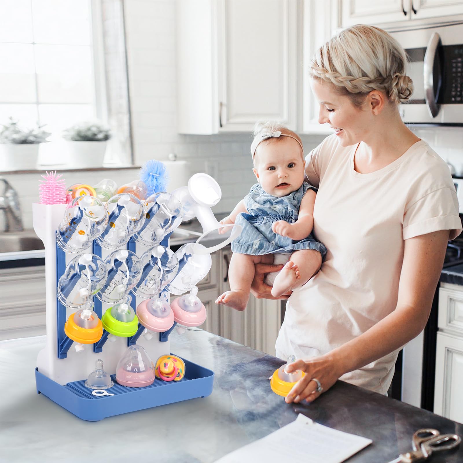Baby Bottle Drying Rack with Drain Board, Vertical Space Saving Bottle Dryer Holder for Countertop, Large Capacity Organizer Stand for Glass Bottles, Pump Parts, Pacifiers, Cups & Accessories (Blue)