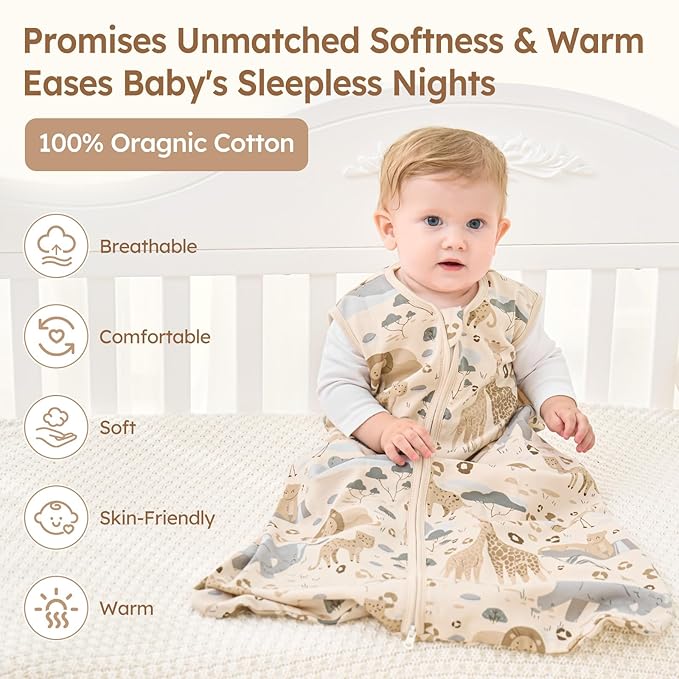 Baby Sleep Sack 0-6 Months 100% Cotton Lightweight 0.5 TOG Wearable Blanket Baby Sleep Bag with 2-Way Zipper for Newborn Infant Apricot Elephant